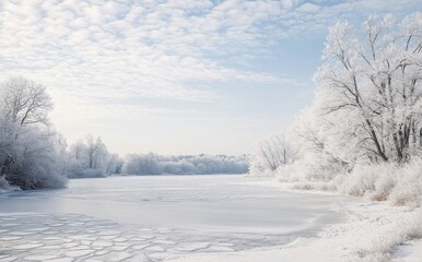 Fototapeta premium A frozen lake under a blue sky in winter, with blue ice and cracks on its surface. The hills of pine trees. Winter. Carpathian Mountains, Ukraine, Europe.