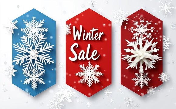 For holiday shopping promotion, this modern poster or banner set features discount text and snow elements in blue and red snowflakes on a blue and red background.