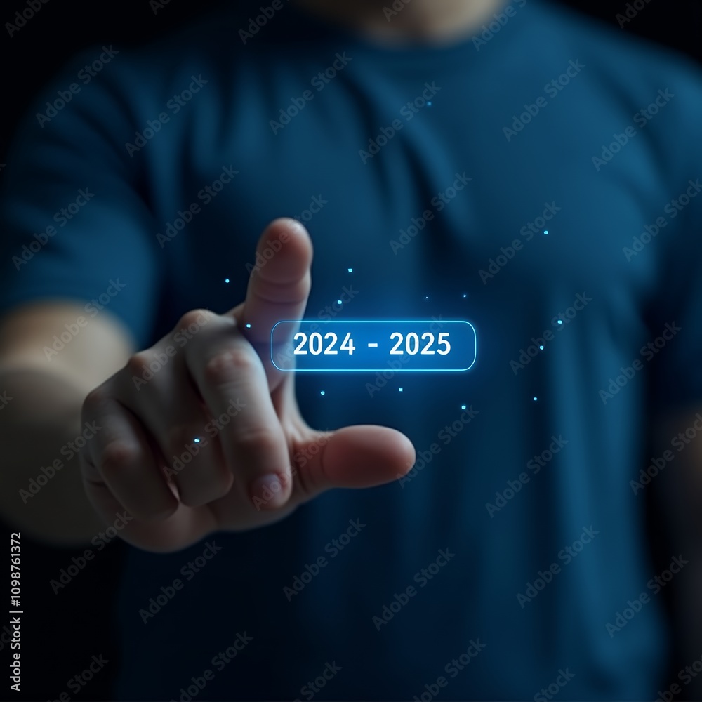 Poster Visual Representation of Progress and Transition from 2024 to 2025: A Person Pointing at a Loading Bar Depicting Future Goals and Business Growth