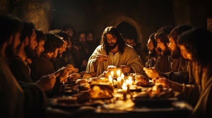 Jesus shares bread and wine with his disciples, symbolizing communion, in a candlelit room, embodying the essence of their final meal together.