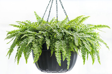 Boston Fern in a Hanging Black Planter on a Bright White Background