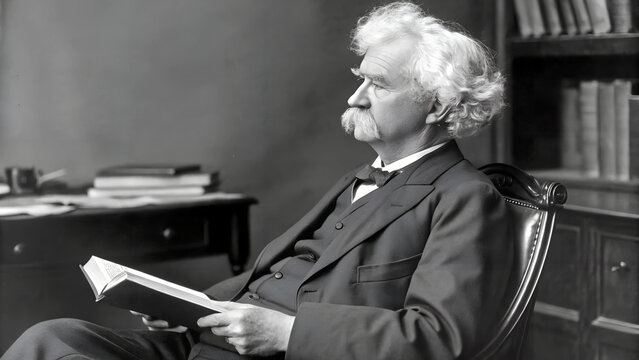 Portrait von Mark Twain, sitzend mit Buch in den Händen. Profil. Im Stil einer Schwarz-Weiß-Fotografie