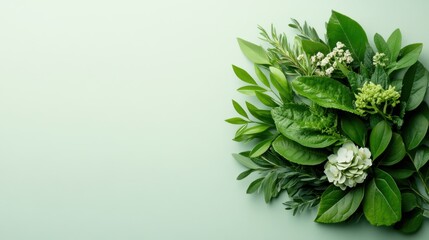 Fototapeta premium Fresh Greenery Arrangement on Soft Mint Background for Nature Inspired Design and Wellness Themes