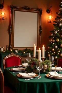 A formal dining table setting, likely for a Christmas celebration, is centrally positioned in a room decorated for the holiday season. Generative Ai