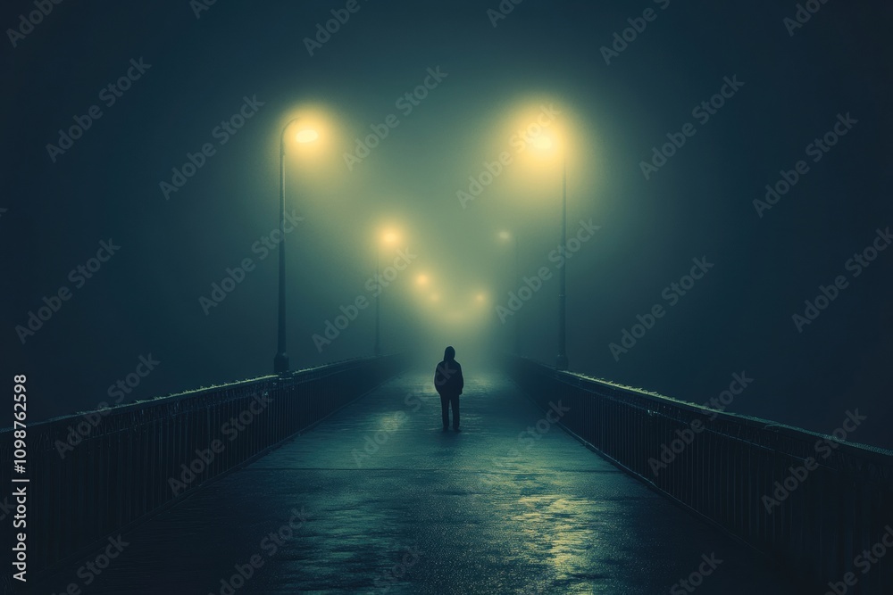 Aufkleber a lone person strolls on a deserted bridge, surrounded by dense fog and glowing street lights, creat