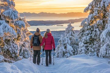 An adventure seeker and a woman hike up the mountain during a vibrant winter sunset on Mount Harvey, north of Vancouver, British Columbia.