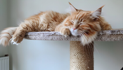 Adorable Maine Coon on cat tree at home