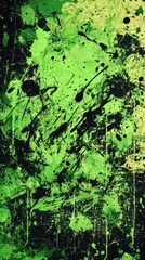 Abstract green and black splatter paint art, showcasing vibrant energy and dynamic movement.