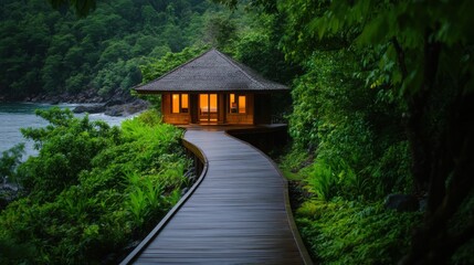 Naklejka premium Serene Wooden Cottage Surrounded by Lush Greenery Near Tranquil Ocean Shoreline at Twilight