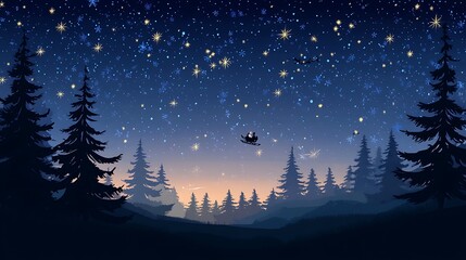 Santa Claus flies through the sky on a dark and starry night with his sled