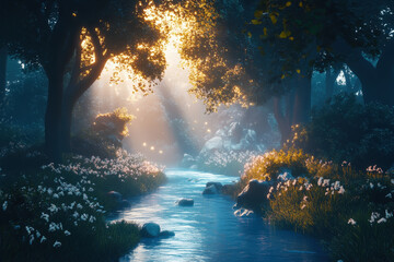 Enchanted Forest with Blooming Flowers and Shimmering Stream