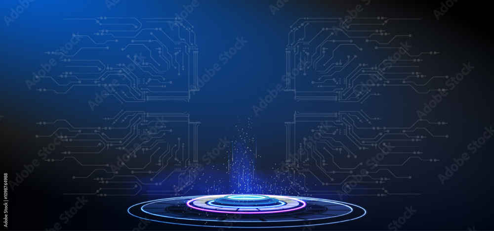 Poster futuristic digital portal with glowing circular platform and circuit patterns in a dark environment.
