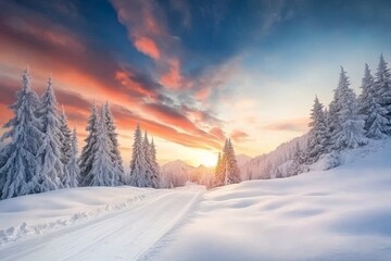 Winter sunset landscape with snowy trees. Photo from Sotkamo, Finland. Heavy snow cover in the background.