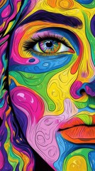 Fototapeta premium A vibrant close-up of a woman�s face, showcasing colorful abstract patterns that blend into her features.