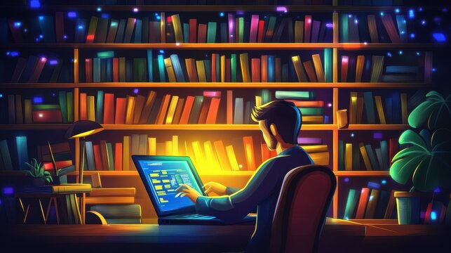 Concept of an e-library concept. Man using laptop with virtual E-book icons for electronic books online, knowledge bases online, digital libraries or e-libraries.