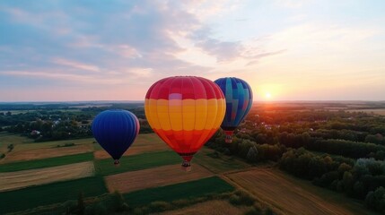 Obraz premium Colorful Hot Air Balloons Flying Over Scenic Landscape at Sunrise with Vibrant Sky and Fields Below
