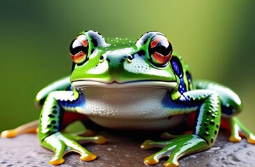 Naklejka premium A vibrant close-up of a green tree frog showcasing its vivid colors, bright orange toes, and large, reflective eyes, with intricate skin textures and a soft green background
