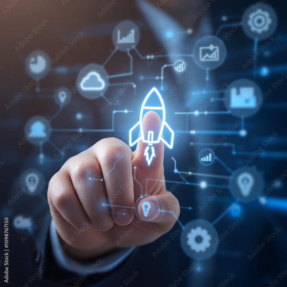 Poster Futuristic Interface Interaction with Rocket Icon for Space Technology Concept and Innovation Usage in Visual Media