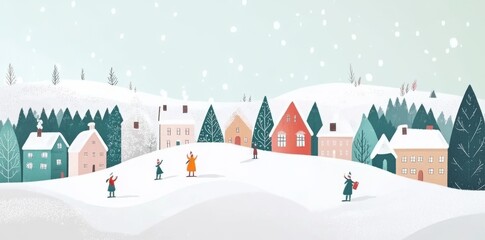 Fototapeta premium Background for celebrating Christmas and New Year 2023 with a winter landscape in a village at night in the countryside,top view of a modern horizontal banner topped with a house on hills and a