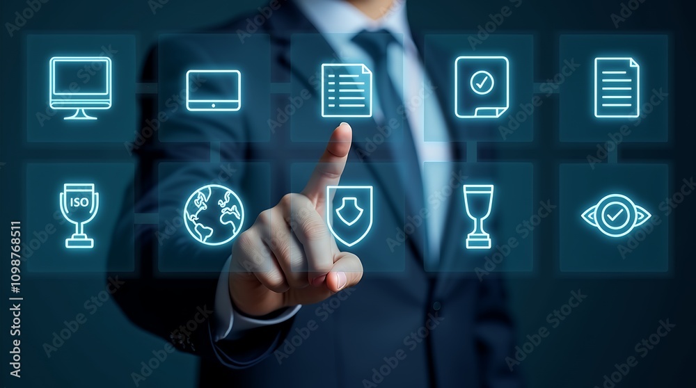Poster businessman interacting with virtual icons representing iso standards and quality assurance concepts