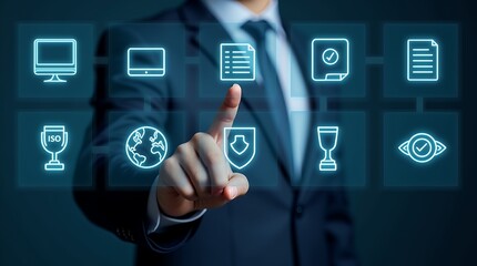 Fototapeta premium Businessman Interacting with Virtual Icons Representing ISO Standards and Quality Assurance Concepts for Technology and Business Applications