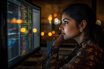 At night, a woman ponders data analytics, information technology, or software overlays while a hologram of code appears on a computer screen. IT experts are seen researching cybersecurity and delving
