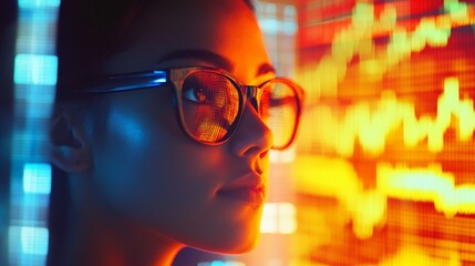A person wearing glasses is immersed in reading HTML scripts, performing programming and cyber security research, alongside data analytics and holographic data visualizations. Someone with glasses,