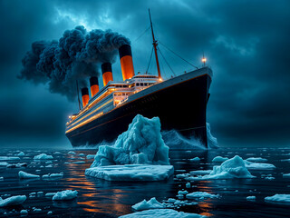 Image of the Catastrophic Titanic Ship Starting to Hit the Iceberg which Sank it