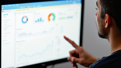 a man pointing at a computer screen displaying a dashboard