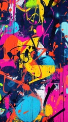 A vibrant abstract mural featuring bold splashes of pink, yellow, and blue against a dark background.
