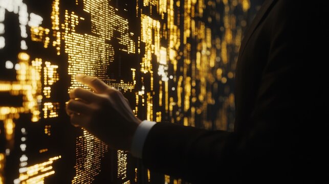 Fingerprint scanning technology allows a businessman to log in, employing fingerprint verification to ensure personal identification within a security system.