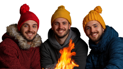 Three smiling men wearing colorful knit hats with fire on transparent background