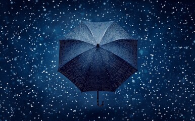 The imagery of an umbrella and rain in binary form conveys ideas related to safeguarding data, ensuring security, and maintaining privacy.