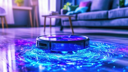 Obraz premium Advanced robot vacuum cleaning a modern living room with colorful led lights