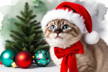 Siamese cat with red Christmas hat. generative ai