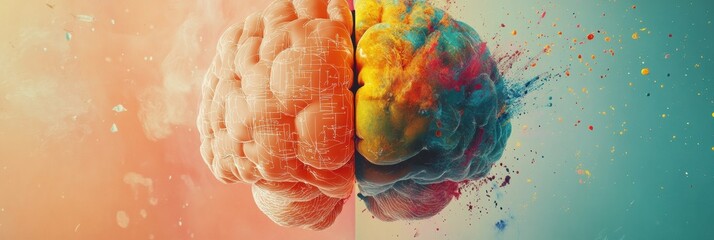 A split brain illustration contrasting logic and creativity through colors. Generative AI