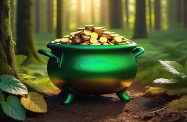 A stunning depiction of a green pot filled with gold coins, resting on forest soil surrounded by lush foliage, with sunlight filtering through the trees, evoking a sense of mystery and treasure