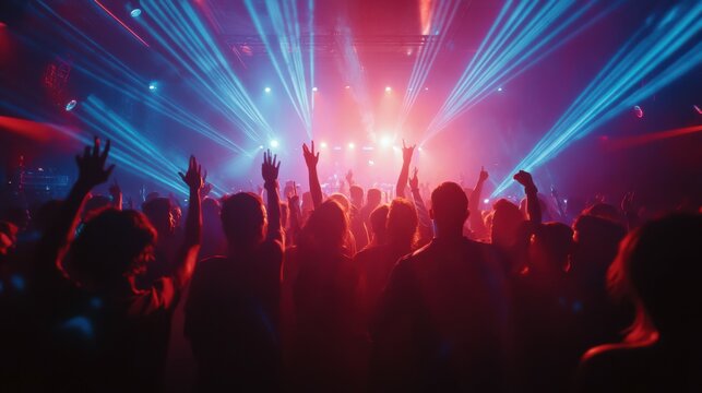 People dance in club spotlight laser lights with hands up in cinematic photography style. People crowd dancing at techno, rave or electronic music club