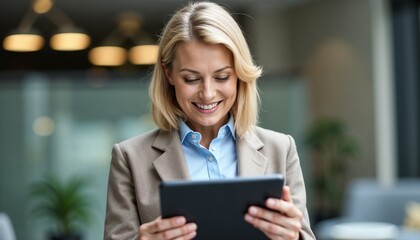 Fototapeta premium Confident businesswoman smiling while using a tablet in a modern office setting. The image captures a moment of productivity and professionalism in a corporate environment.