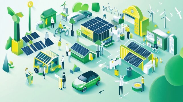An illustration of a green tech expo with diverse booths showcasing solar panels, wind turbines, and electric vehicles