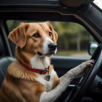  a dog sitting in a car, appearing to be driving. Generative Ai