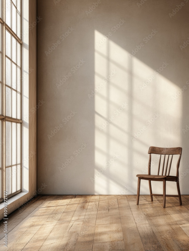 Aufkleber sunshine filters through large windows, casting shadows on the wooden floor while a solitary chair r