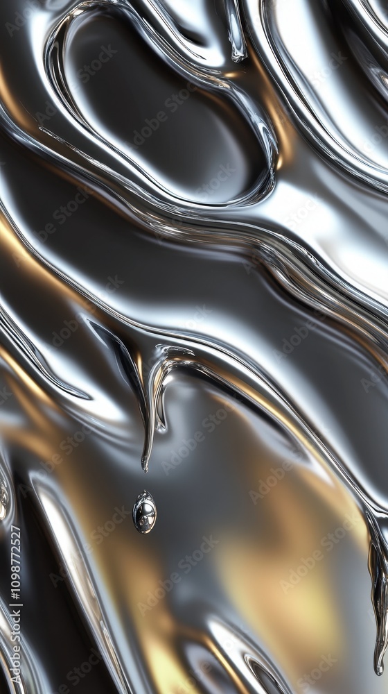 Poster close-up of reflective, fluid metallic surface with waves and droplets creating an abstract visual e
