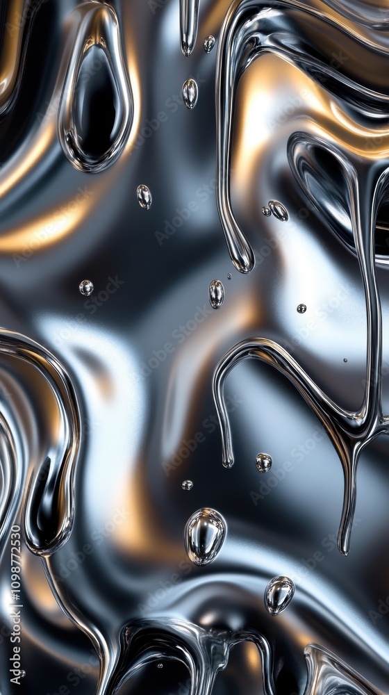 Poster abstract close-up of metallic liquid with shimmering reflections and fluid shapes, creating a dynami
