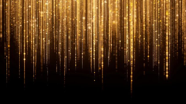 Golden rain abstract background. Holiday texture with falling light sparks. Award celebration event 3d wallpaper. Glitter magic motion flow. Seamless loop.