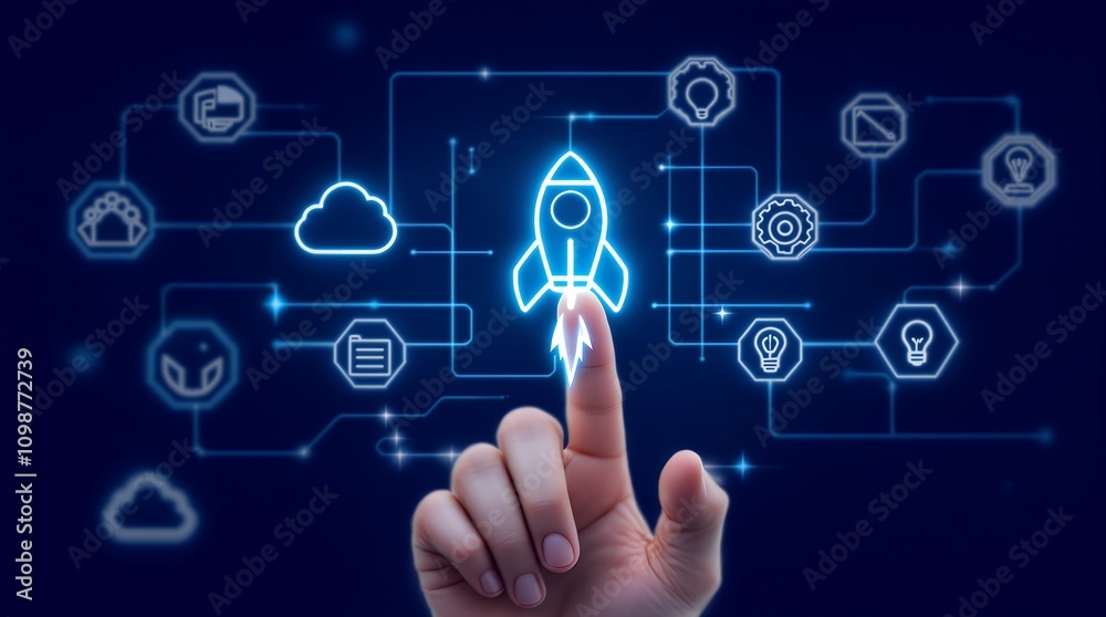 Poster Futuristic Interface Featuring Rocket Icon for Innovative Technology and Space Exploration Backgrounds