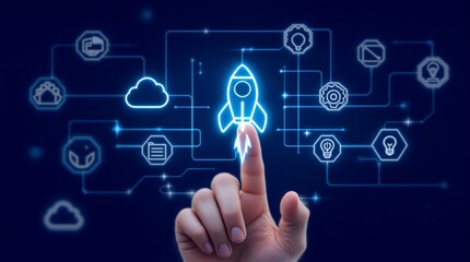 Fototapeta premium Futuristic Interface Featuring Rocket Icon for Innovative Technology and Space Exploration Backgrounds