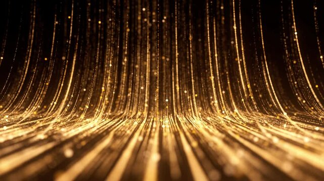 Abstract golden background. Glitter light trails motion in 3d space texture. Shiny sparks motion flow for winner celebration concept. Seamless loop.