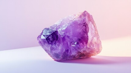 Fototapeta premium Large, sparkling purple gemstone with facets and natural inclusions, set against a soft gradient background transitioning from white to lavender.
