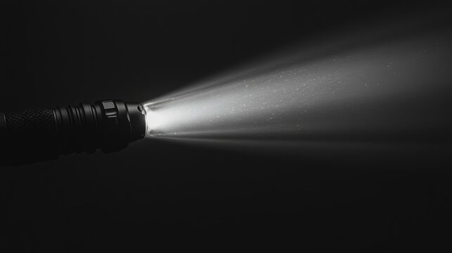 Black flashlight projecting a powerful beam of bright white light against a dark background, highlighting the smooth, textured barrel and focused illumination.